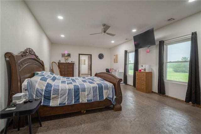 5528 Lostine Rd, Galena, KS 66739 - bedroom with visible vents, baseboards, recessed lighting, a ceiling fan, and concrete floors