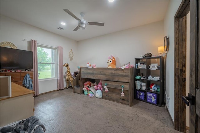5528 Lostine Rd, Galena, KS 66739 - bedroom featuring a ceiling fan, visible vents, baseboards, carpet, and recessed lighting