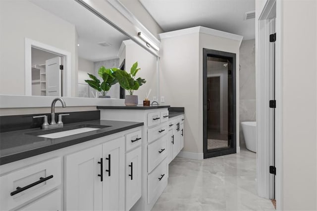 bathroom with vanity and a washtub