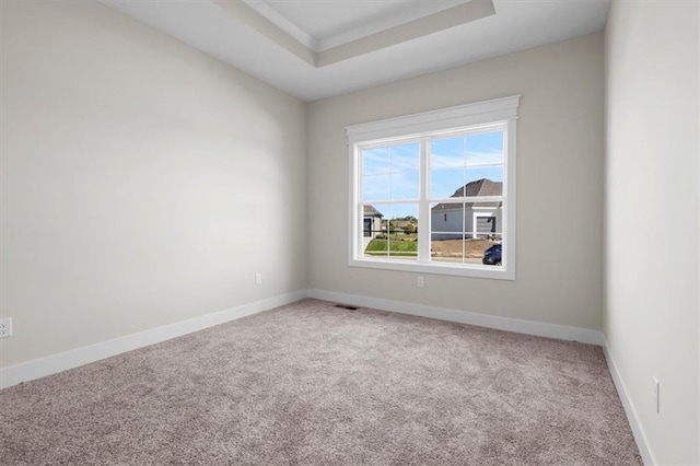 carpeted empty room featuring a raised ceiling