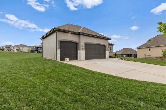 4287 Lake Shore Ct, Basehor, KS 66007 - view of side of home featuring a residential view, a garage, stucco siding, concrete driveway, and a yard
