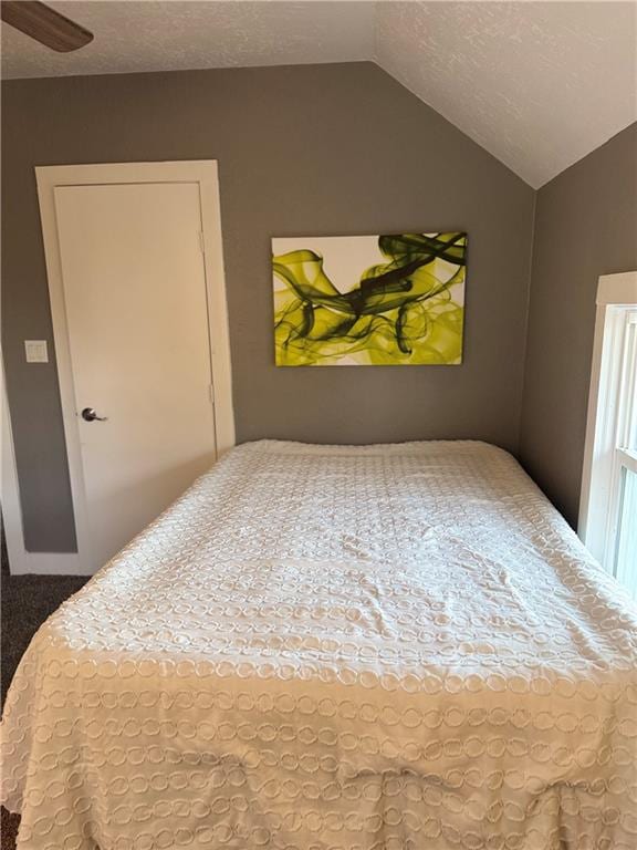 bedroom with carpet flooring, lofted ceiling, and a textured ceiling