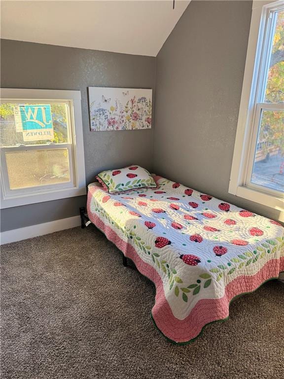 carpeted bedroom featuring lofted ceiling