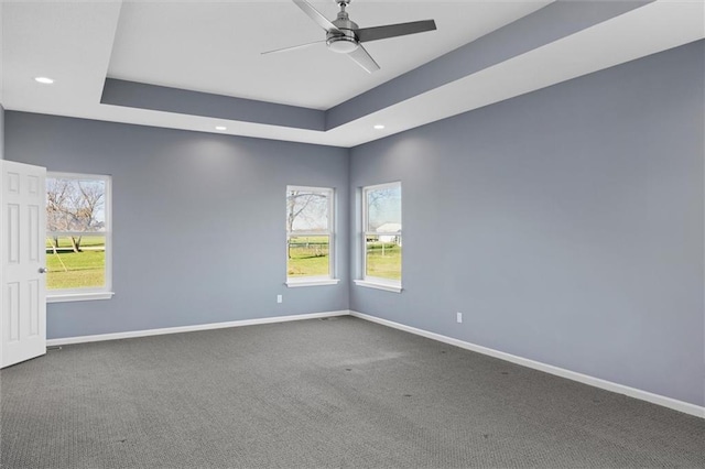 empty room featuring a tray ceiling, ceiling fan, and carpet flooring