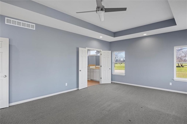 carpeted empty room featuring a raised ceiling, a wealth of natural light, and ceiling fan