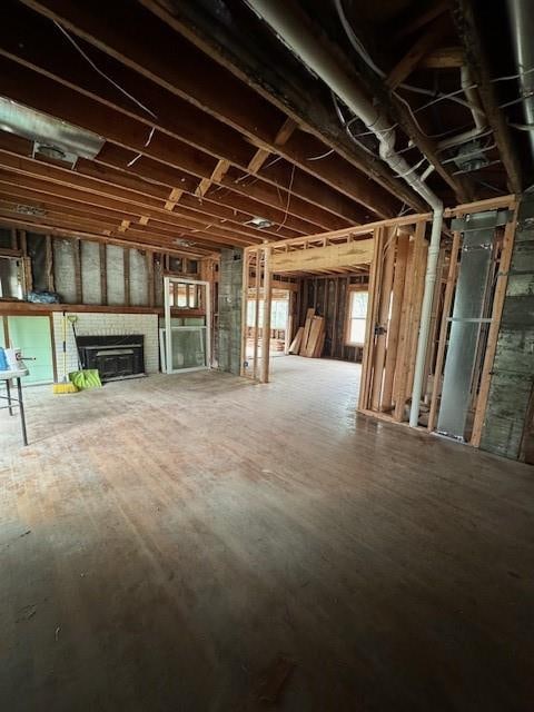 basement with a fireplace