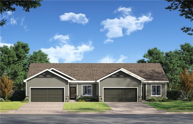 view of front of house featuring a garage, a front yard, a shingled roof, and driveway
