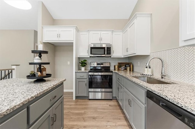 kitchen with gray cabinetry, a sink, light wood-style floors, stainless steel appliances, and white cabinets