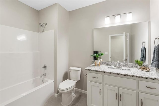 full bath featuring toilet, shower / tub combination, tile patterned floors, baseboards, and vanity