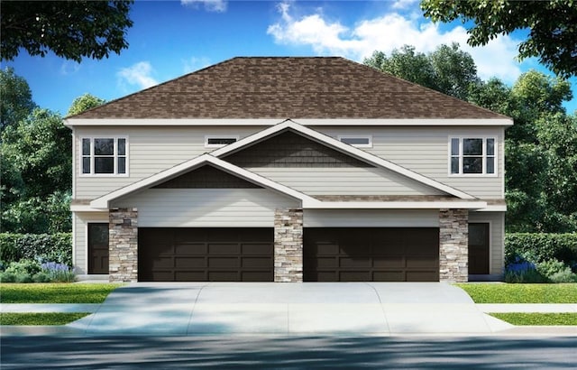 view of front of home featuring concrete driveway, a shingled roof, and stone siding
