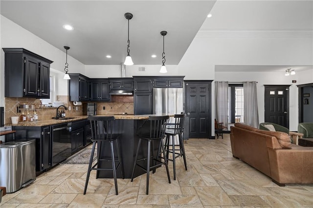 kitchen with under cabinet range hood, black dishwasher, dark cabinets, and a sink