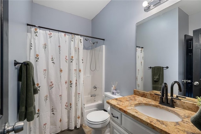 full bathroom with toilet, shower / bath combination with curtain, and vanity