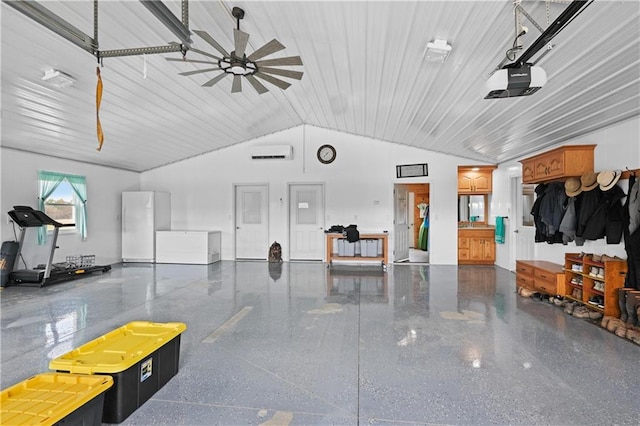 interior space featuring ceiling fan and vaulted ceiling