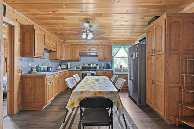 kitchen featuring stainless steel appliances, ceiling fan, wood ceiling, and dark wood-type flooring