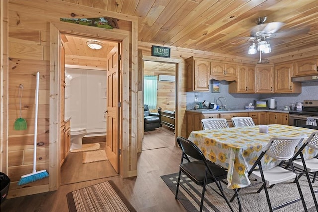 kitchen featuring light hardwood / wood-style floors, wood ceiling, sink, ceiling fan, and range hood