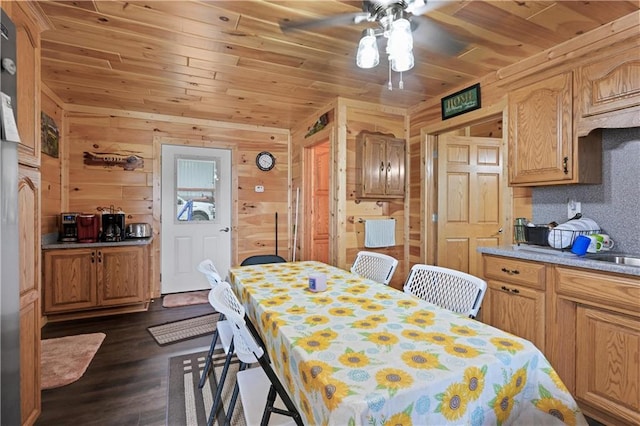 dining room featuring wooden ceiling, ceiling fan, wooden walls, and dark hardwood / wood-style flooring