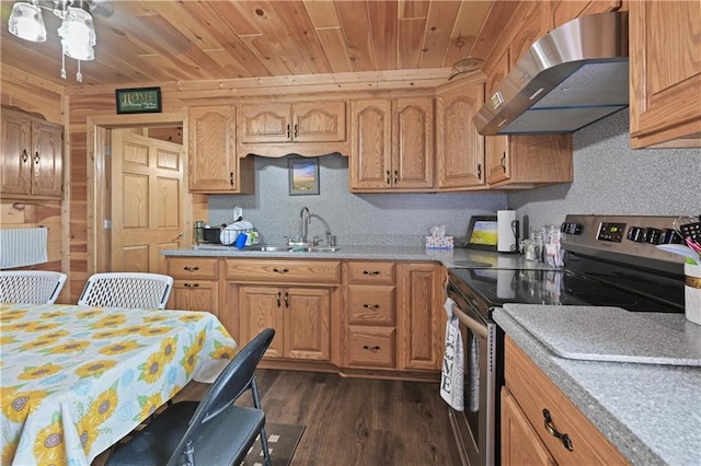 kitchen featuring stainless steel electric range, ventilation hood, wood ceiling, sink, and dark wood-type flooring