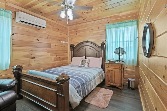 bedroom with an AC wall unit, dark hardwood / wood-style floors, wood walls, wooden ceiling, and ceiling fan