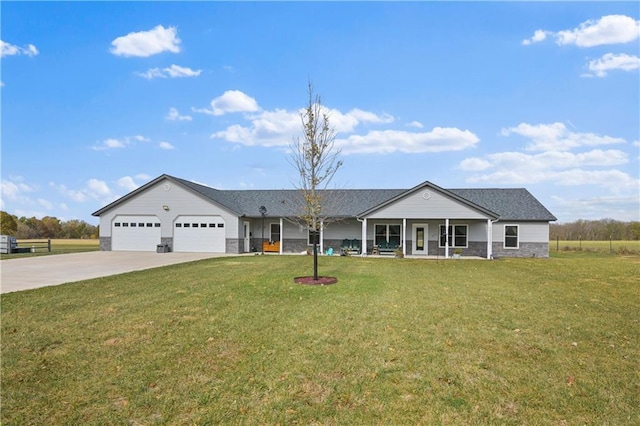 1185 Route E, Lockwood, MO 65682 - ranch-style house featuring an attached garage, a front lawn, stone siding, a porch, and driveway