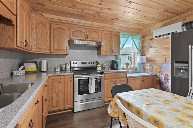 1185 Route E, Lockwood, MO 65682 - kitchen featuring wood ceiling, a wall mounted AC, dark wood finished floors, stainless steel range with electric stovetop, and under cabinet range hood