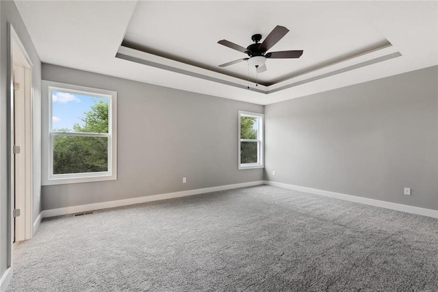 empty room featuring plenty of natural light, ceiling fan, and a raised ceiling