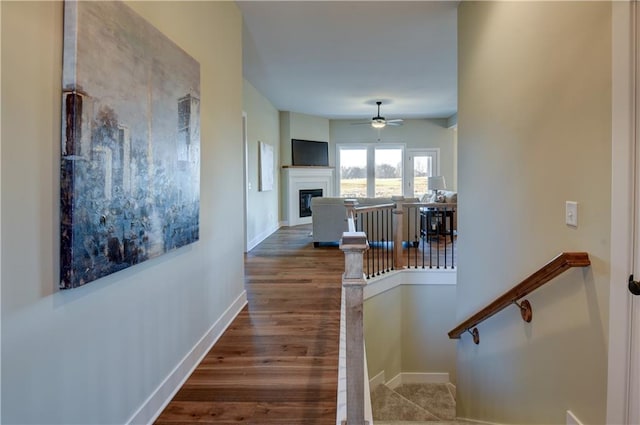 staircase with hardwood / wood-style floors and ceiling fan