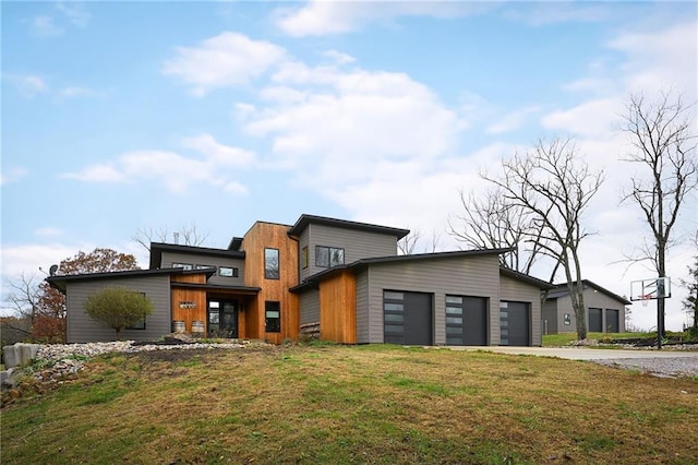 modern home with a front lawn