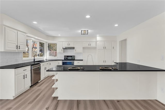 kitchen with black / electric stove, white cabinetry, dishwasher, and light hardwood / wood-style floors