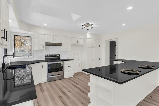 kitchen with sink, kitchen peninsula, light hardwood / wood-style floors, stainless steel electric range, and white cabinets