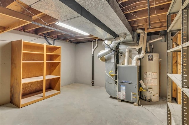 basement with heating unit and water heater