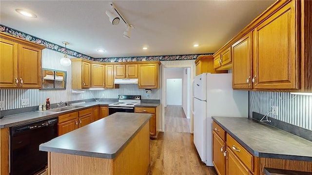 kitchen featuring light hardwood / wood-style floors, white appliances, and sink