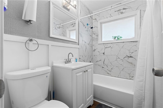 full bathroom with vanity, toilet, and shower / bathtub combination with curtain