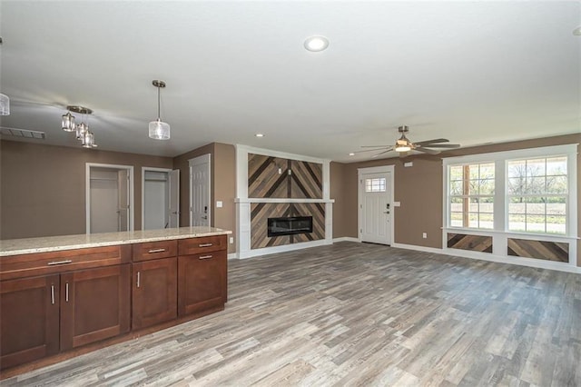 kitchen with a wealth of natural light, a fireplace, light wood-style floors, and ceiling fan