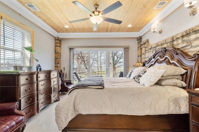 bedroom with ceiling fan, crown molding, and wooden ceiling