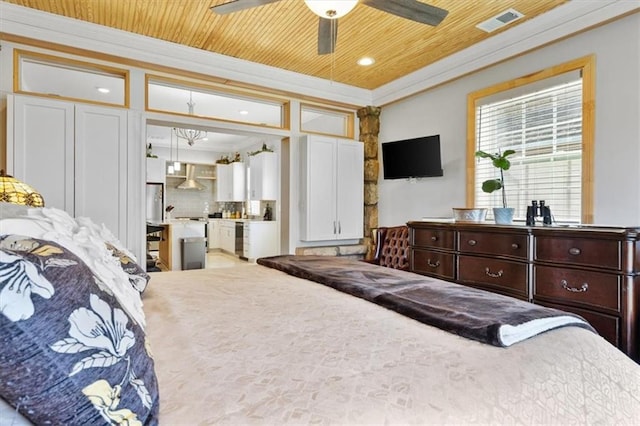 bedroom featuring ceiling fan, wood ceiling, crown molding, and wine cooler