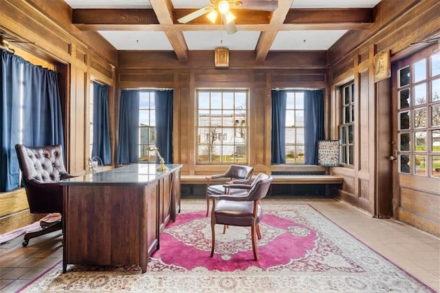 office area featuring coffered ceiling, a wealth of natural light, and wooden walls