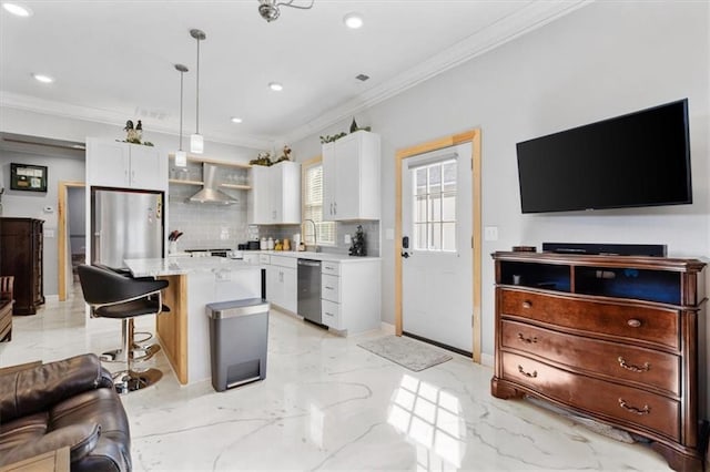 kitchen with marble finish floor, dishwasher, wall chimney range hood, and fridge