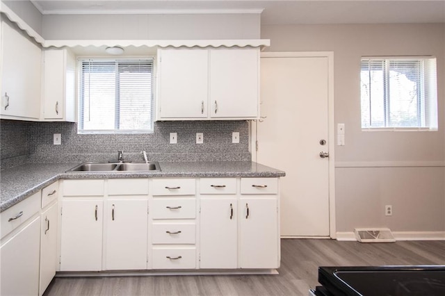 kitchen with white cabinets, sink, and light hardwood / wood-style flooring