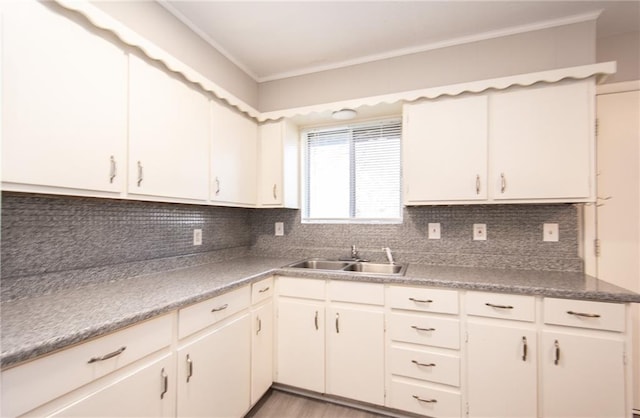 kitchen with white cabinetry, sink, and backsplash