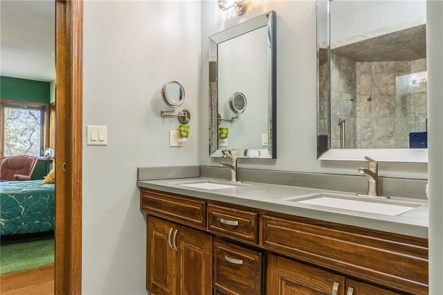 bathroom with hardwood / wood-style floors and vanity