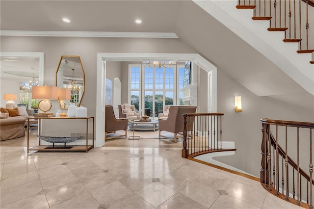 interior space with a chandelier and light tile patterned flooring