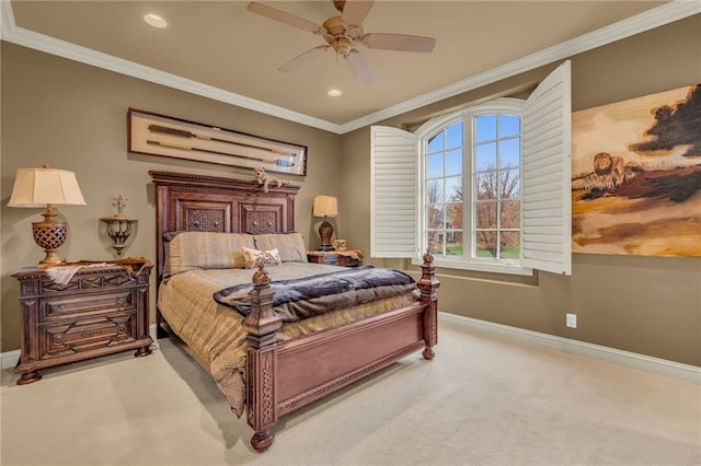 carpeted bedroom with ceiling fan and crown molding