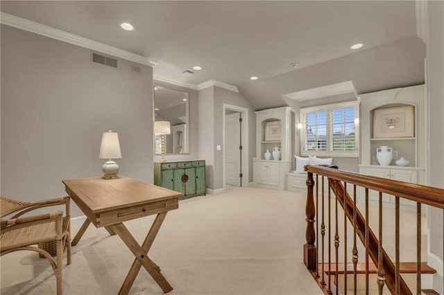 hallway with light carpet, crown molding, and vaulted ceiling