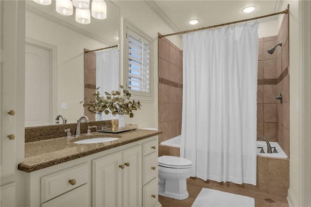 full bathroom featuring shower / bath combo with shower curtain, toilet, tile patterned floors, vanity, and crown molding