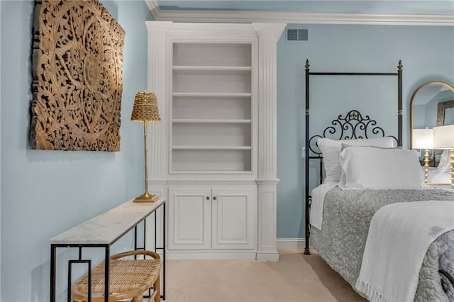 bedroom featuring light colored carpet and ornamental molding