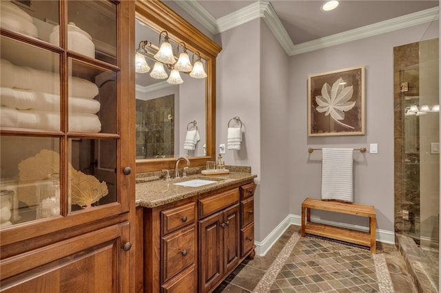 bathroom featuring vanity, crown molding, and a shower with door