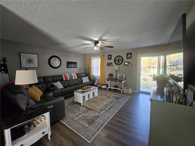 living room with dark wood-type flooring, ceiling fan, and a textured ceiling