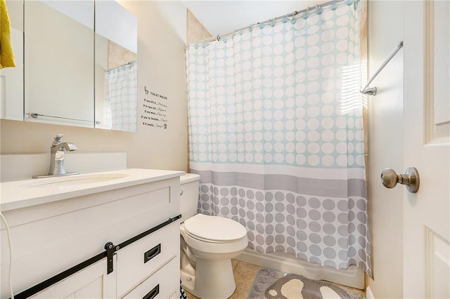 bathroom with walk in shower, tile patterned flooring, vanity, and toilet