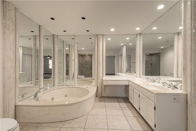 full bathroom with toilet, vanity, separate shower and tub, and tile patterned floors