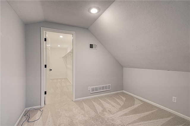 additional living space featuring light carpet, a textured ceiling, and lofted ceiling